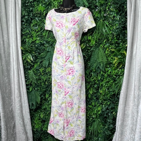 Vintage Liz Claiborne Dress 10 Floral Maxi Linen Rayon Button Front Pastel 3064 - Picture 1 of 9